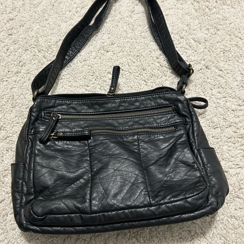 Bueno Black Crossbody Bag with Adjustable Strap and Textured Finish